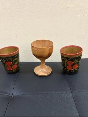 Handmade Wooden Goblet and Painted Egg Cups - Brown and Black Set